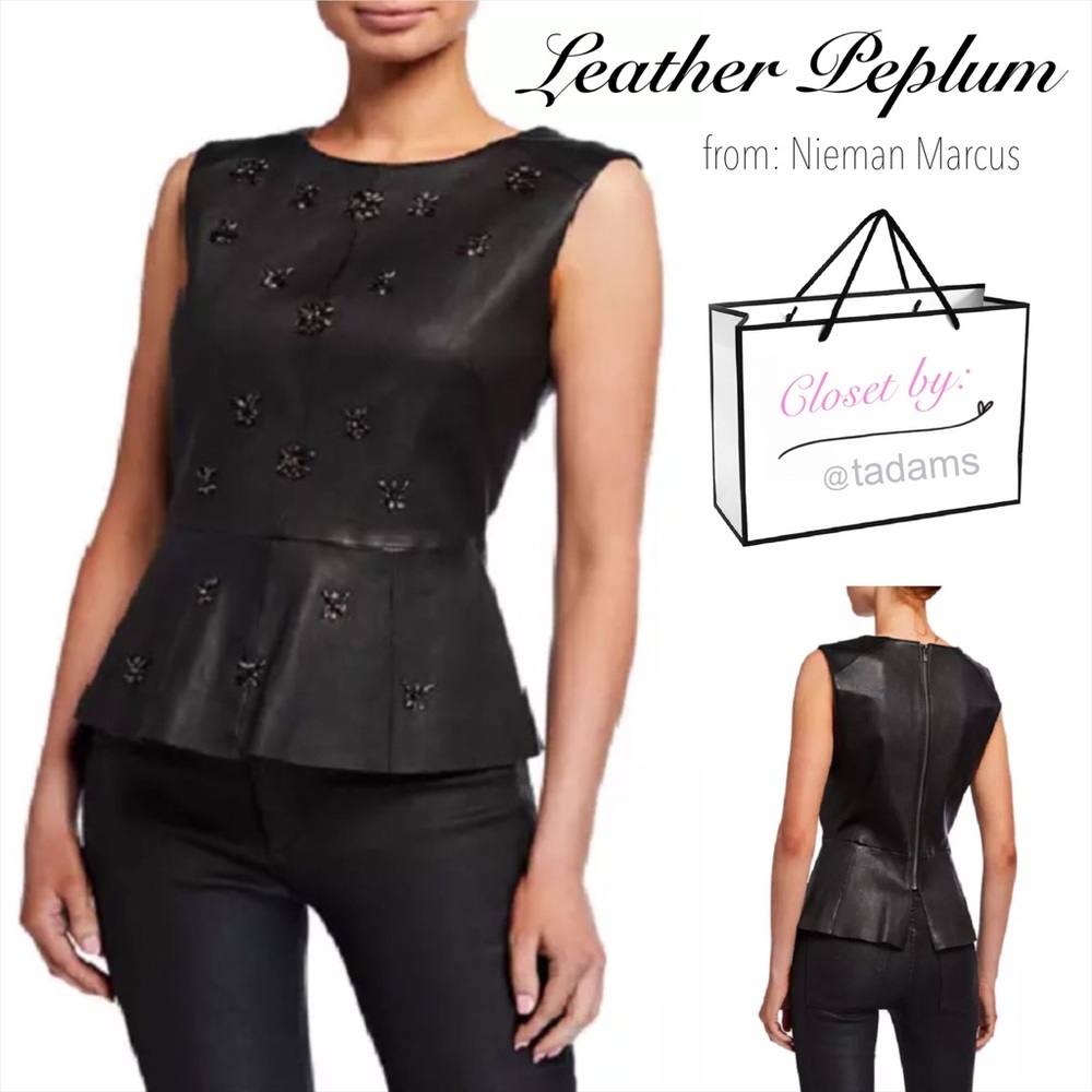 New| Neiman Marcus Leather Peplum Top with Gem Stone Embellishments